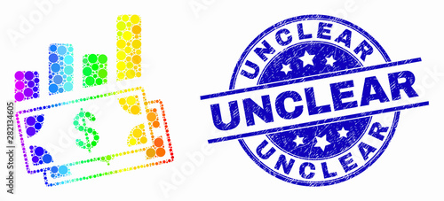 Pixel spectral financial charts mosaic icon and Unclear seal. Blue vector rounded textured stamp with Unclear title. Vector composition in flat style.