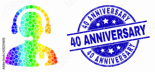 Dot rainbow gradiented call center serviceman mosaic pictogram and 40 Anniversary seal stamp. Blue vector rounded distress stamp with 40 Anniversary phrase. Vector combination in flat style.