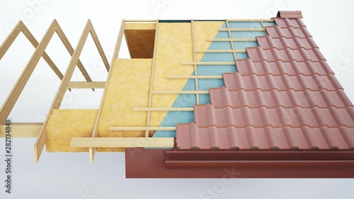 Technical cutaway of roof construction, constructive and technological layers, classic brown tiles. 60 fps animation.