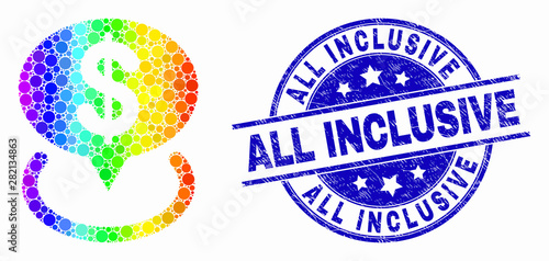 Pixel rainbow gradiented dollar placement mosaic icon and All Inclusive seal stamp. Blue vector round grunge watermark with All Inclusive message. Vector combination in flat style.