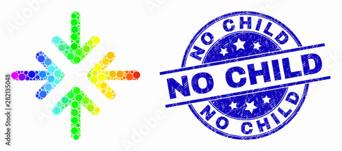 Pixelated rainbow gradiented meeting point arrows mosaic icon and No Child seal. Blue vector rounded textured stamp with No Child phrase. Vector combination in flat style.