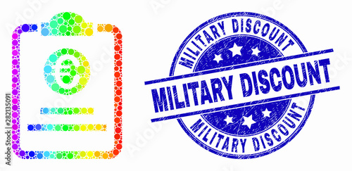 Pixel bright spectral euro price pad mosaic pictogram and Military Discount seal. Blue vector round grunge seal stamp with Military Discount phrase. Vector collage in flat style.