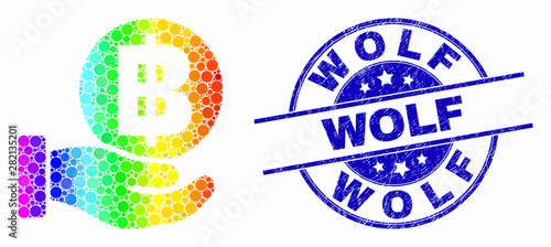 Dot bright spectral hand offer bitcoin mosaic icon and Wolf stamp. Blue vector rounded distress stamp with Wolf title. Vector collage in flat style.