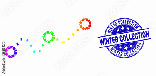 Dotted spectral dotted chart mosaic pictogram and Winter Collection seal. Blue vector round scratched seal stamp with Winter Collection caption. Vector combination in flat style.