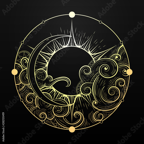 Hand Drawn Golden Sun and Moon with Cloud Esoteric Symbol. Vector illustration