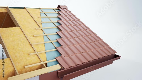 Technical cutaway of roof construction, constructive and technological layers, brown classic tiles. 60 fps animation.