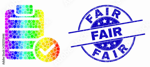 Dot spectrum accept pad text mosaic icon and Fair stamp. Blue vector round scratched seal stamp with Fair title. Vector collage in flat style.