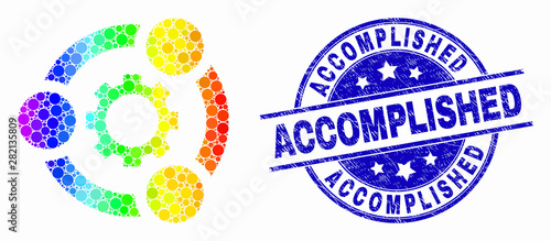 Dot spectral industrial cooperation mosaic pictogram and Accomplished seal stamp. Blue vector round grunge seal stamp with Accomplished caption. Vector combination in flat style.