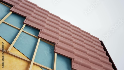 Cutaway of roof pie, visible insulation, structure, wool & classic brown ceramic tiles. 60 fps animation.