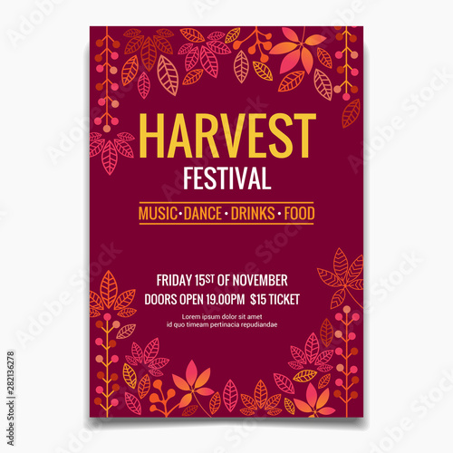 Harvest Festival flyer or poster template. Autumn leaves Design for Invitation or Autumn Holiday Celebration Poster
