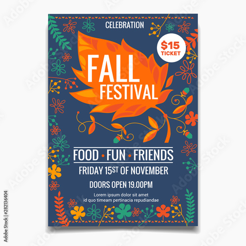 Fall Festival flyer or poster template. creative colorful maple leaves elements with floral