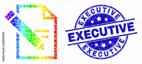 Dotted rainbow gradiented edit text page mosaic icon and Executive stamp. Blue vector round grunge seal with Executive message. Vector collage in flat style.