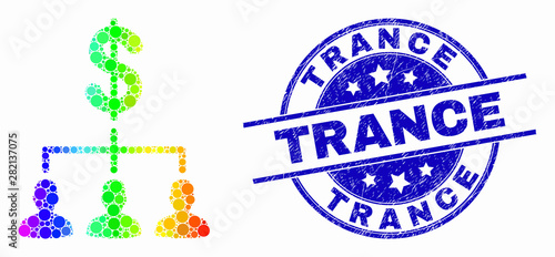 Dot rainbow gradiented dollar clients structure mosaic pictogram and Trance seal stamp. Blue vector rounded grunge seal with Trance message. Vector collage in flat style.