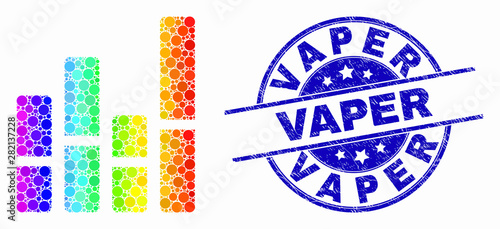 Pixelated rainbow gradiented bar chart mosaic icon and Vaper seal. Blue vector round scratched seal with Vaper phrase. Vector composition in flat style.
