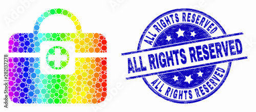 Dotted rainbow gradiented medical handbag mosaic pictogram and All Rights Reserved seal. Blue vector rounded textured seal stamp with All Rights Reserved message. Vector combination in flat style.