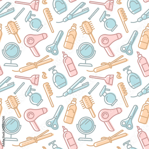 Seamless pattern with different hair care accessories and instruments on white background