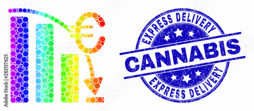 Dot spectral euro crisis chart mosaic pictogram and Express Delivery Cannabis seal. Blue vector rounded grunge seal stamp with Express Delivery Cannabis text. Vector composition in flat style.