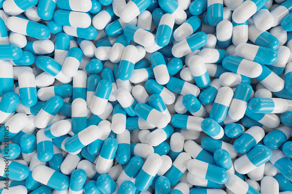 Many blue and white pills on background. 3D rendered illustratio Many blue and white pills on background. 3D rendered illustratio