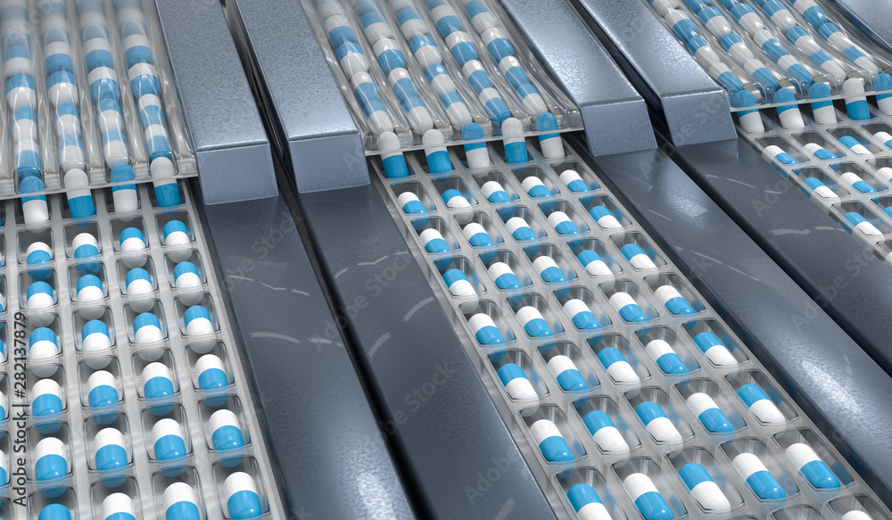 Fototapeta premium Pharmaceutical production of pills. Drugs manufacturing. 3D rend