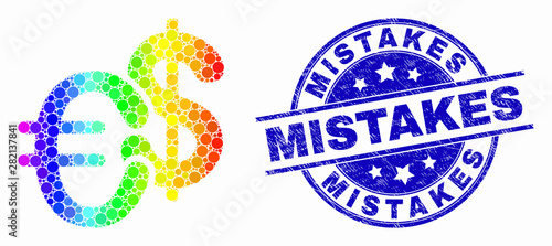 Pixelated bright spectral currency mosaic pictogram and Mistakes stamp. Blue vector rounded scratched stamp with Mistakes phrase. Vector combination in flat style.