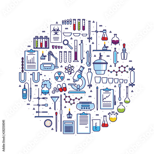 Circle concept with 50 types of laboratory equipments and instruments in a flat style with a wide outline. Set of images to illustrate chemical research.