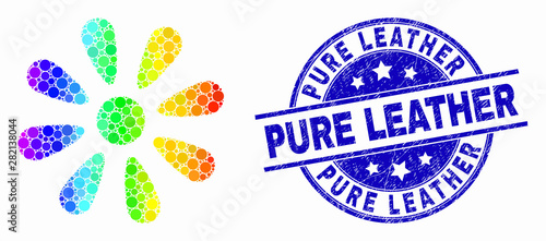 Pixel rainbow gradiented flower mosaic pictogram and Pure Leather stamp. Blue vector rounded distress seal with Pure Leather text. Vector composition in flat style.