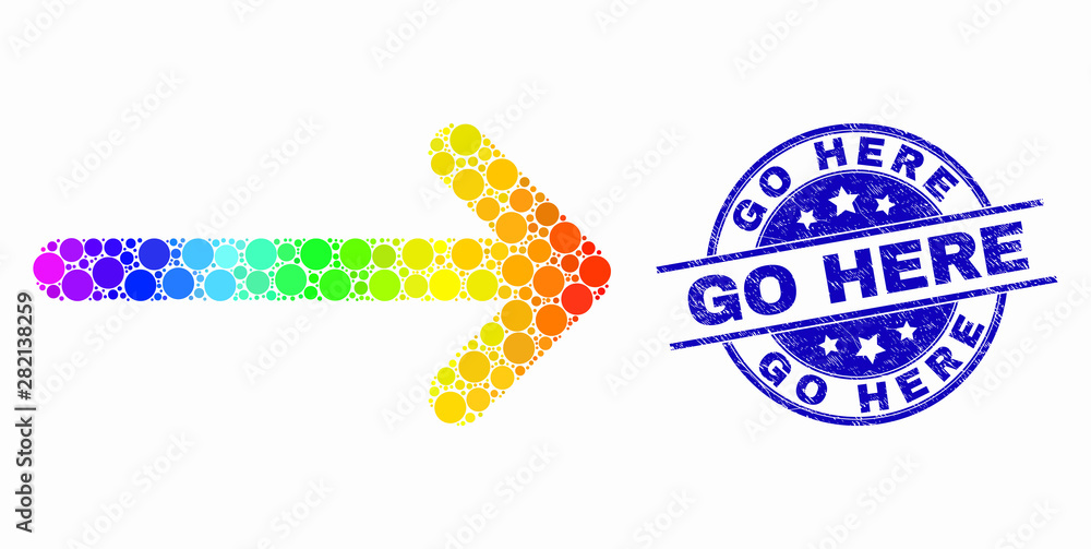 Pixelated spectrum arrow right mosaic icon and Go Here seal stamp. Blue vector round scratched seal with Go Here caption. Vector combination in flat style.