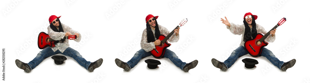 Male musician with guitar isolated on white