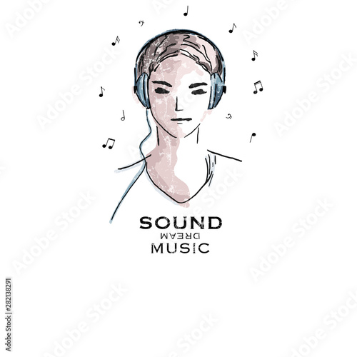 Graphic portraits of a girl listening to the music, headphones, musical notes around, vector hand drawn illustration 