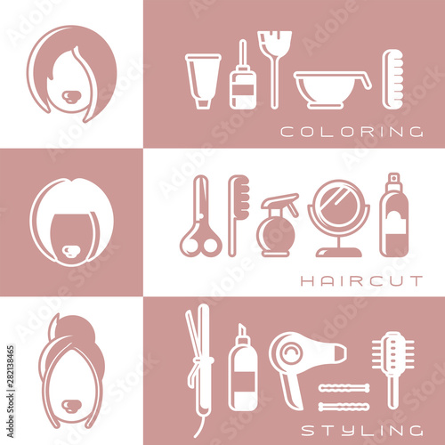 Three banners concept with hairdressing tools and female heads