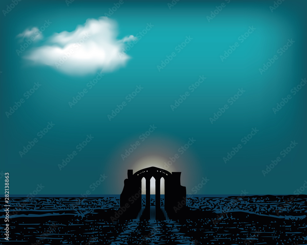 Front view of an antique greek temple. The ancient temple in the dar sea. Vector flat illustration.