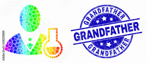 Pixel spectral chemical scientist mosaic pictogram and Grandfather stamp. Blue vector round distress stamp with Grandfather title. Vector combination in flat style.