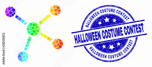 Pixelated spectrum links mosaic pictogram and Halloween Costume Contest seal stamp. Blue vector round textured seal stamp with Halloween Costume Contest text. Vector composition in flat style.