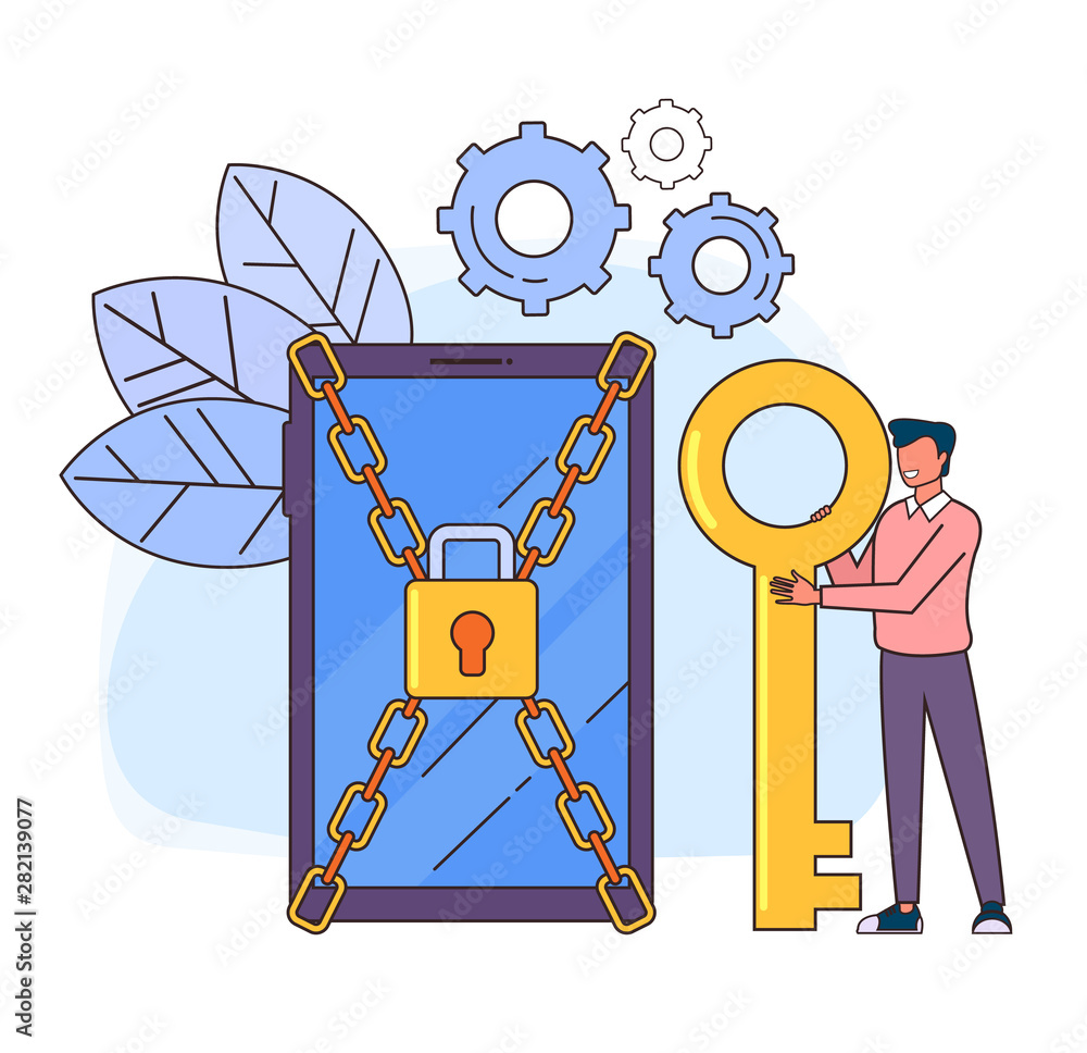 Man characters holding key and unlock privacy smartphone personal data