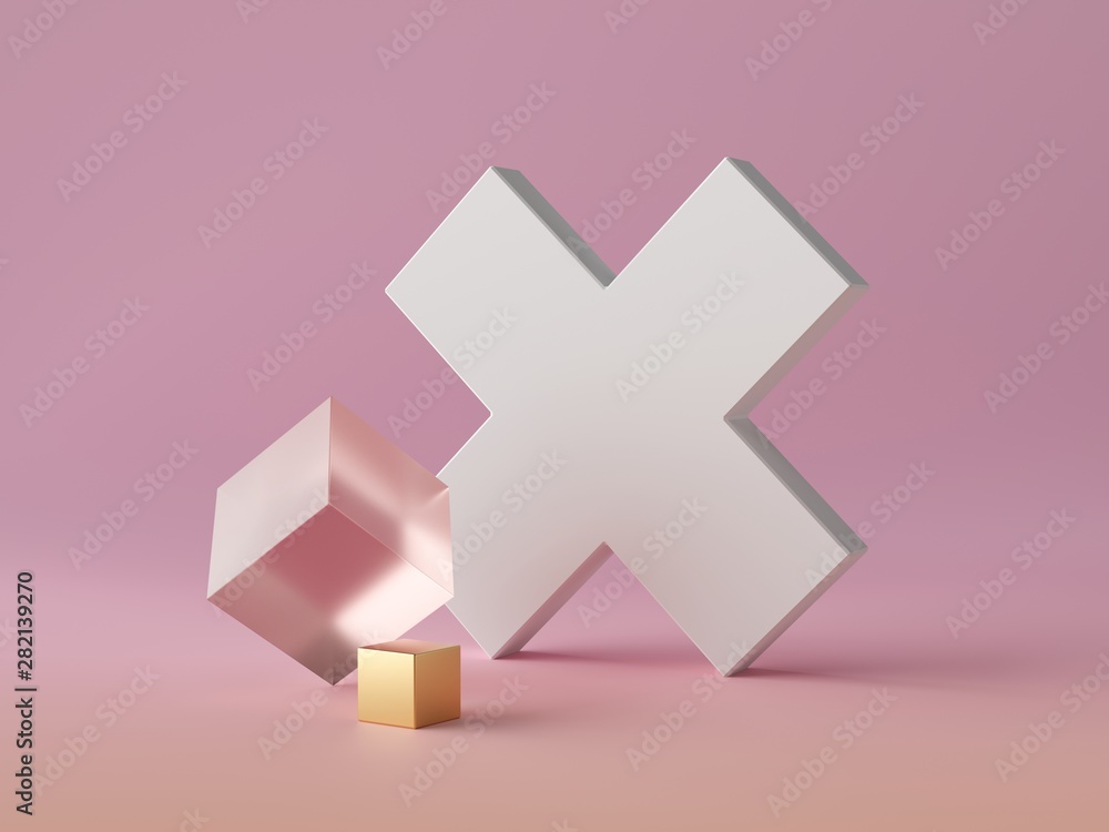 3d abstract modern minimal background, white cross shaped canvas isolated on pink, golden cube, cubic shape, crystal glass block, fashion minimalistic scene, simple clean design, blank feminine mockup - obrazy, fototapety, plakaty 