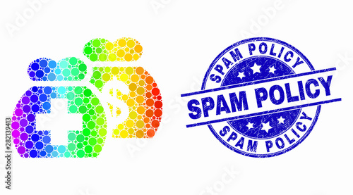 Dotted rainbow gradiented medical funds mosaic pictogram and Spam Policy stamp. Blue vector round distress seal stamp with Spam Policy text. Vector collage in flat style.