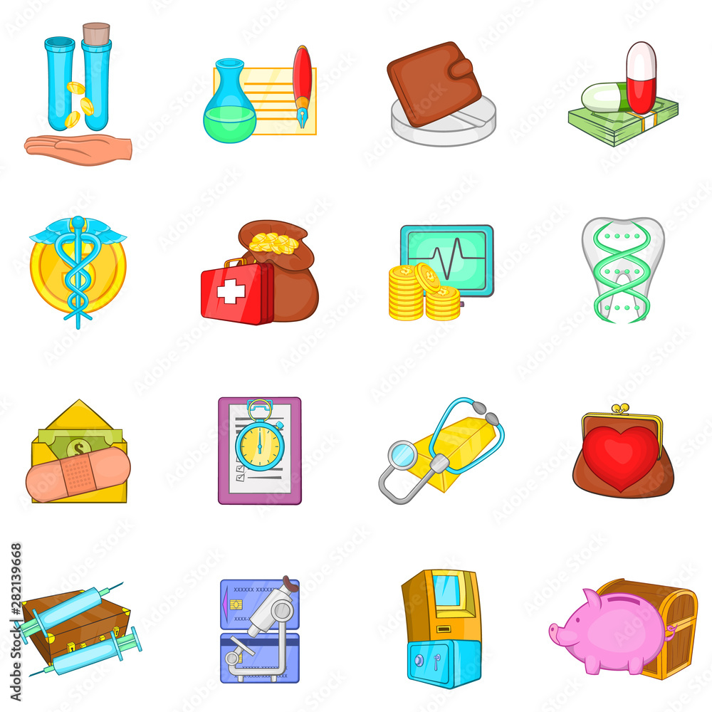 Expensive medicine icons set. Cartoon set of 16 expensive medicine vector icons for web isolated on white background Expensive medicine icons set. Cartoon set of 16 expensive medicine vector icons for web isolated on white background