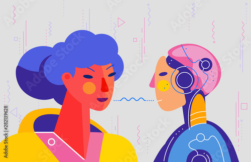 Concept banner with woman using his voice to command to the robot. Robotic voice assistant concept. Trendy bright linear illustration. At home and work, everywhere