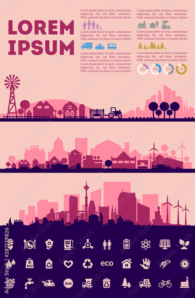 Abstract stylish cityscape infographics. Infographics elements collection with town, city, farm and industrial districts, with infographics elements and industry icons