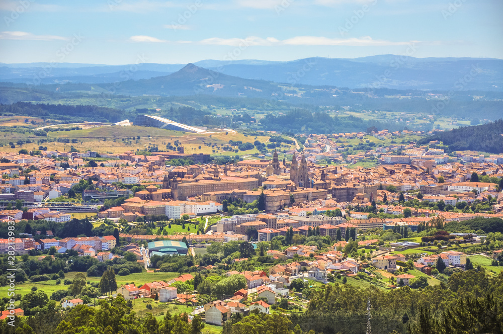 Panorama of saint city Santiago de Compostela. St James of Compostella is the capital of the autonomous community of Galicia, in northwestern Spain. Destination of Way of St James pilgrims walk.
