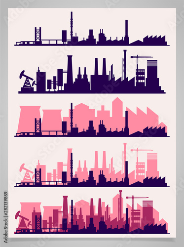 Vector horizontal banners with industrial part of city. Factories, refineries and power plants