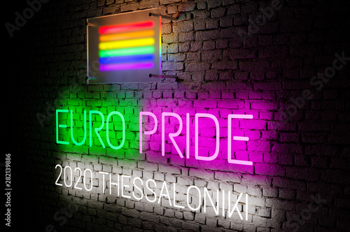 Euro Pride 2020 Thessaloniki. Concept of colorful 3D rendered neon text - side view. Wall background. Ideal for party promotion of this one of the biggest prides in Europe