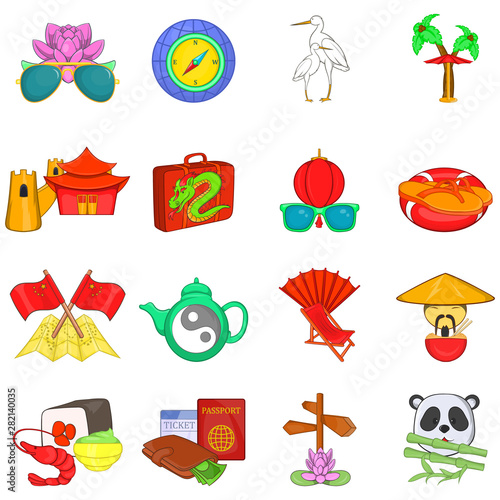 China travel icons set. Cartoon set of 16 china travel vector icons for web isolated on white background