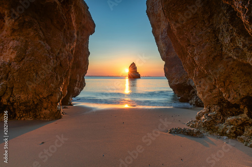 Beautiful dream Beach at sunrise near Lagos, Algarve, Portugal photo