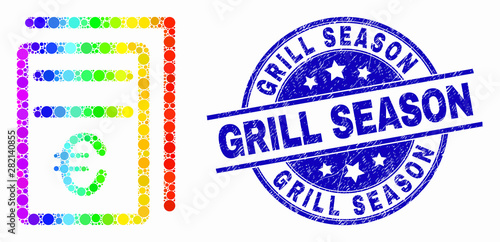 Dotted spectral euro price pages mosaic pictogram and Grill Season seal stamp. Blue vector round distress seal stamp with Grill Season message. Vector combination in flat style.