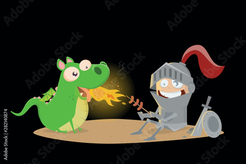 funny cartoon knight grills sausages with the help of his dragon