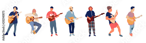 Young group of men playing guitar. Isolated flat illustration - Vector