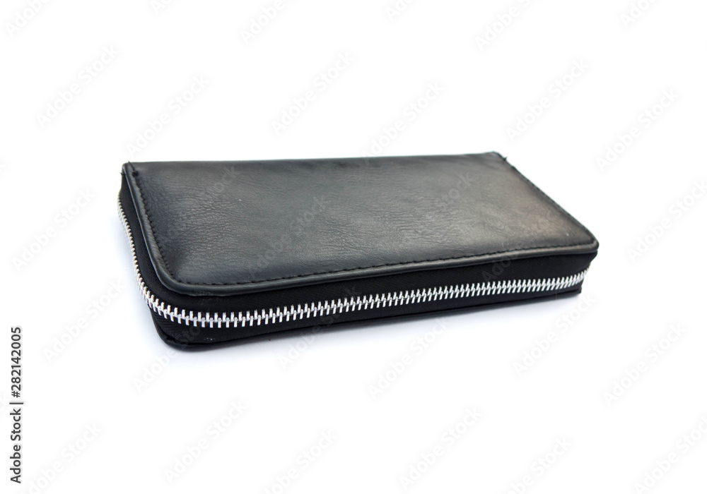 Black leather wallet with dollars isolated on white background. Black leather wallet with dollars isolated on white background.