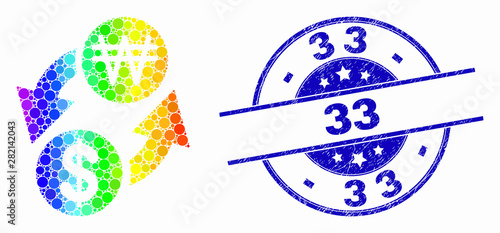 Dot rainbow gradiented dollar exchange korean won mosaic pictogram and 33 seal stamp. Blue vector round distress seal with 33 caption. Vector combination in flat style.