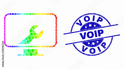 Dotted spectral computer settings wrench mosaic icon and Voip seal stamp. Blue vector rounded distress seal stamp with Voip phrase. Vector composition in flat style.